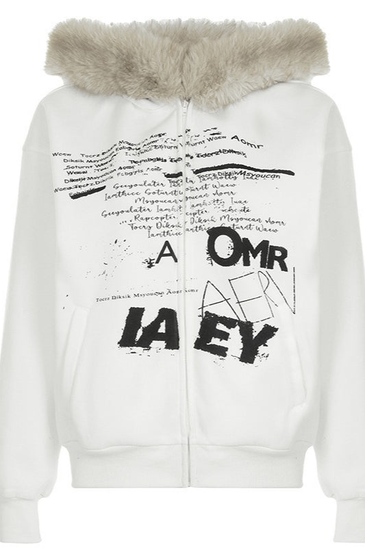 Faux Fur Graffiti Zip Hoodie