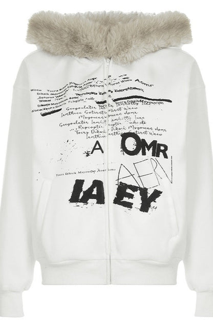 Faux Fur Graffiti Zip Hoodie
