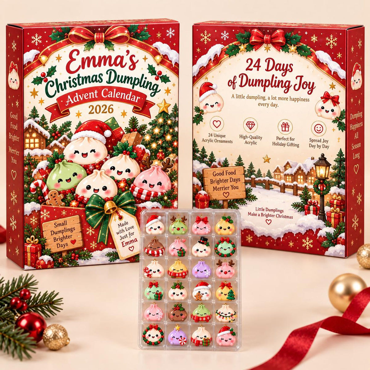Personalized Christmas Dumpling Advent Calendar 2026, 24 Acrylic Dumpling Ornaments
