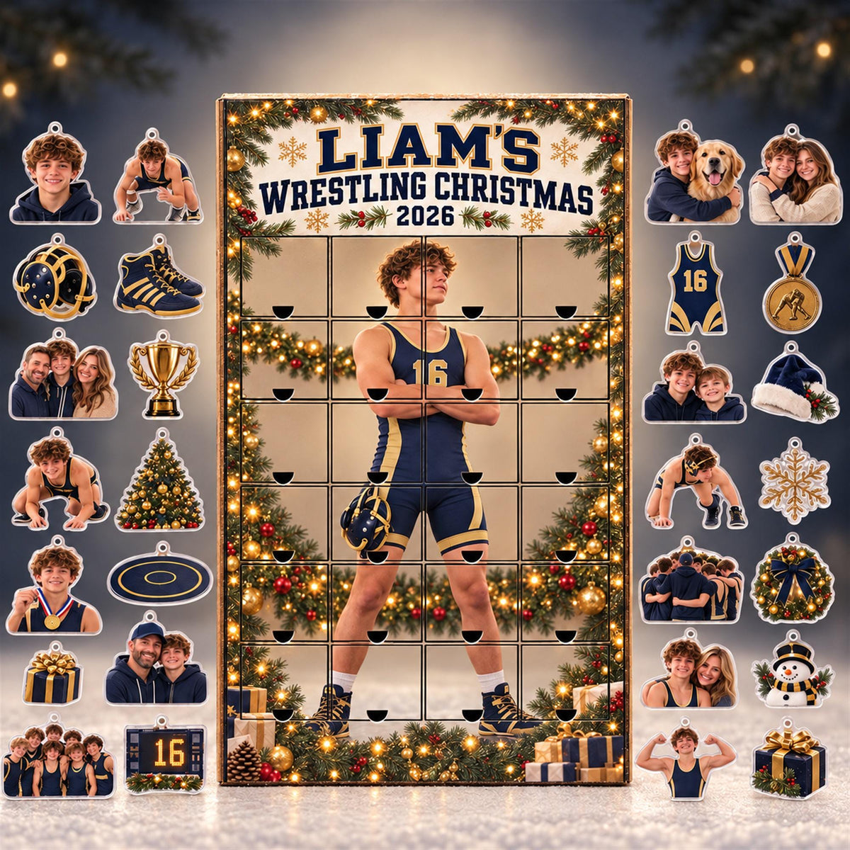Personalized Wrestling Advent Calendar with 24 Custom Photo Acrylic Ornaments, Wrestler Christmas Gift for Athlete Family and Coach Keepsake