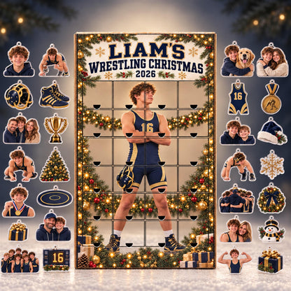 Personalized Wrestling Advent Calendar with 24 Custom Photo Acrylic Ornaments, Wrestler Christmas Gift for Athlete Family and Coach Keepsake