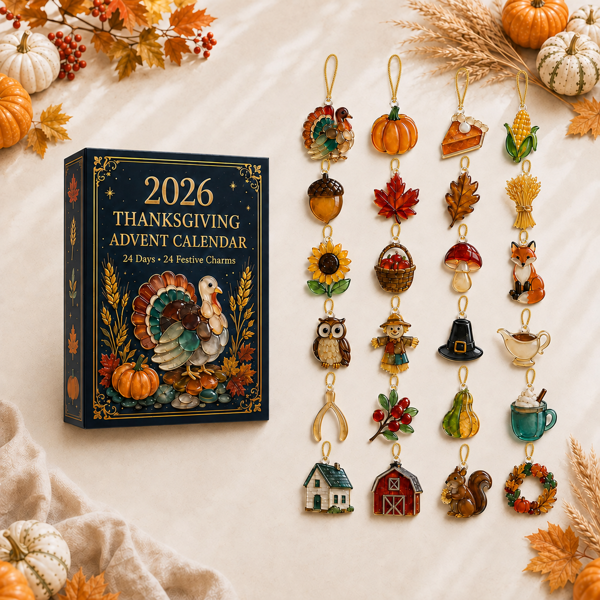 2026 Thanksgiving Advent Calendar, 24-Day Fall Countdown with Acrylic or Wood Charms