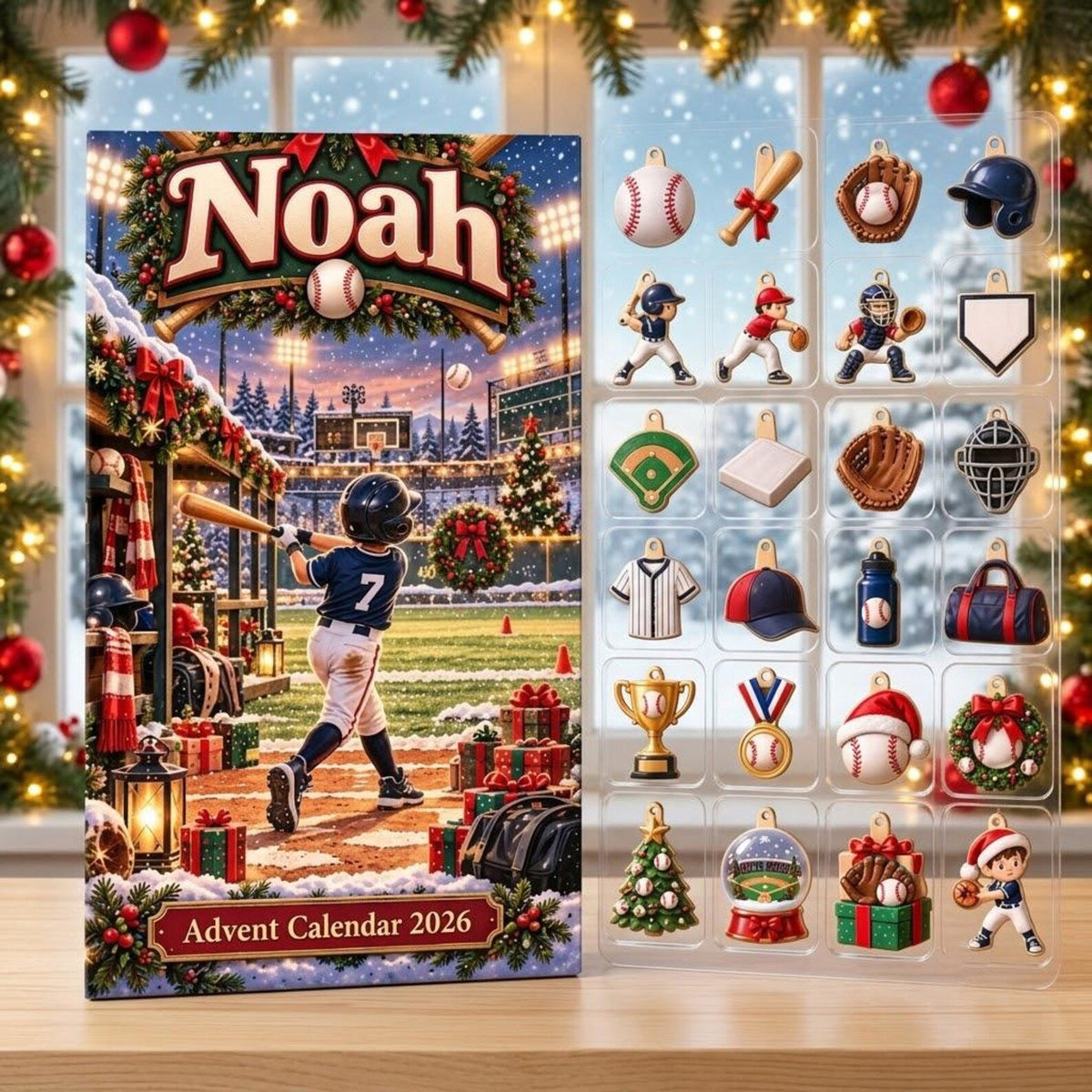 Personalized Baseball Advent Calendar 2026, 24 Sports Charms, Custom Name Christmas Countdown Gift for Baseball Players