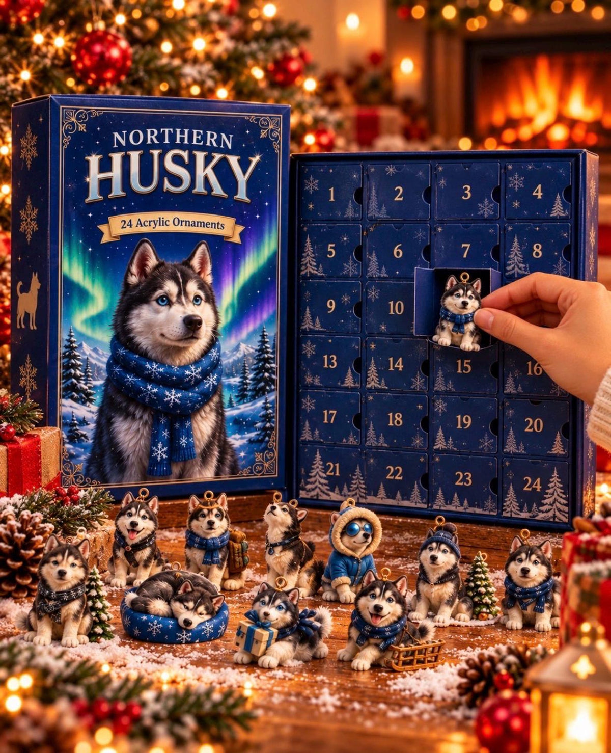 Husky Advent Calendar 2026, 24 2D Acrylic Dog Ornaments, Winter Wonderland Christmas Decor, Dog Lover Gift