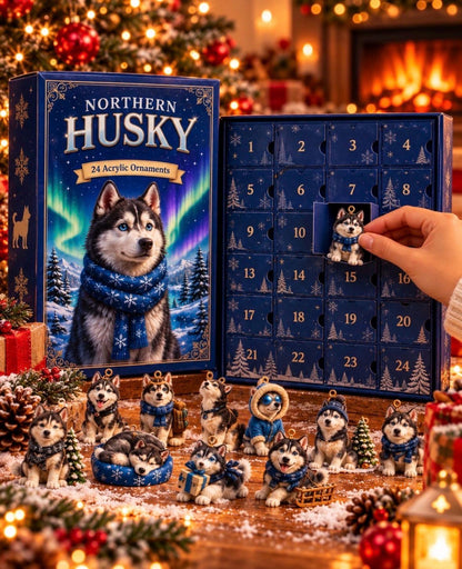 Husky Advent Calendar 2026, 24 2D Acrylic Dog Ornaments, Winter Wonderland Christmas Decor, Dog Lover Gift