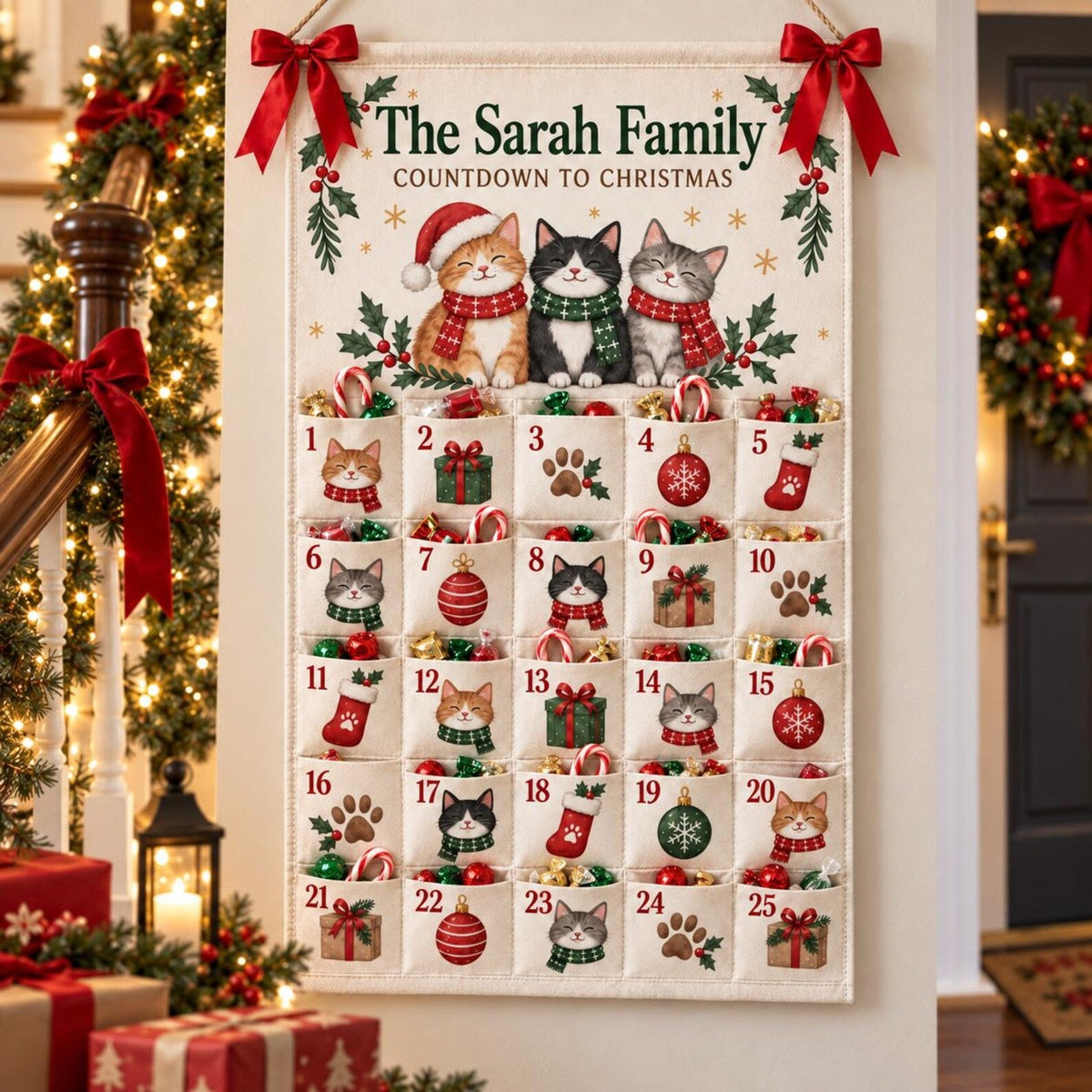 Personalized Cat Advent Calendar, Canvas Christmas Countdown with 25 Pockets, Custom Family Name Wall Hanging, Reusable Christmas Home Decor