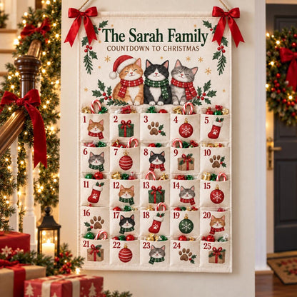 Personalized Cat Advent Calendar, Canvas Christmas Countdown with 25 Pockets, Custom Family Name Wall Hanging, Reusable Christmas Home Decor