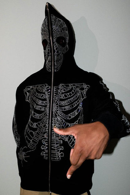 Rhinestone Skull Mask Full Zip Hoodie