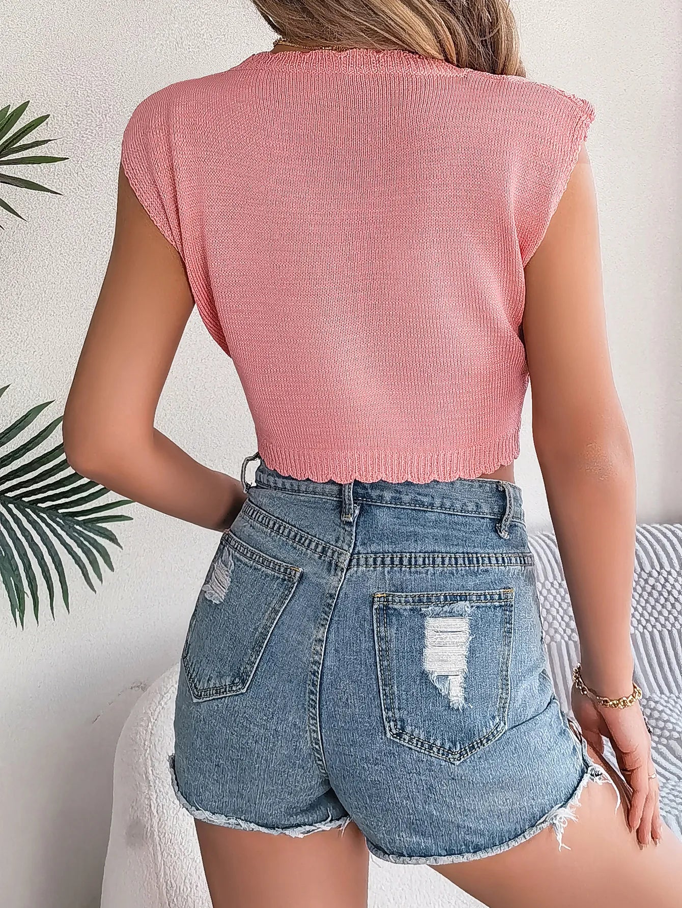 Leaf Hollow Out Cropped Knit Vacation Tank Top