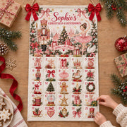 Personalized Reusable Fabric Advent Calendar, Pink Nutcracker Christmas Countdown, Custom Name 25 Pocket Advent Calendar, Kids Holiday Decor