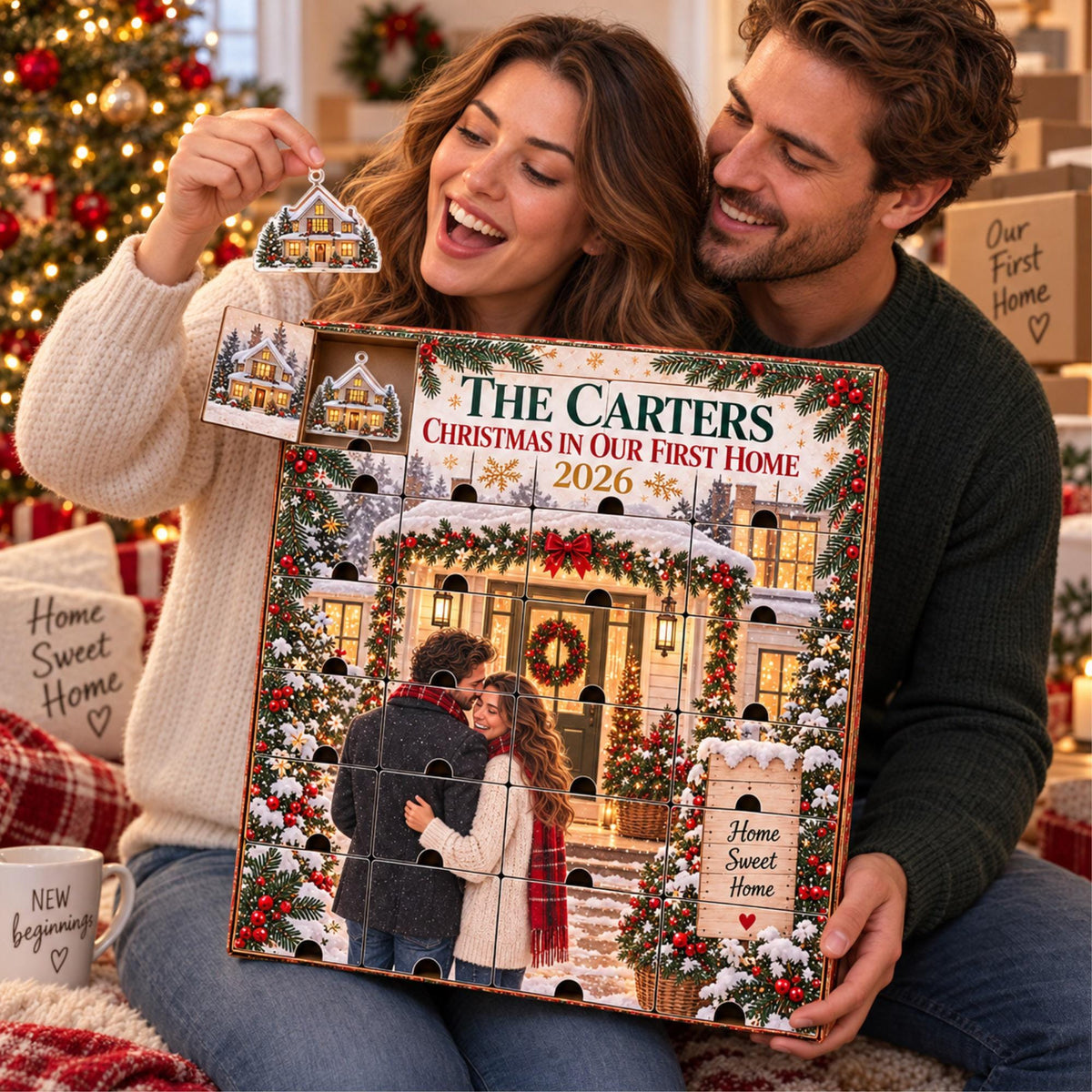 Personalized New Home Advent Calendar with 24 Custom Photo Acrylic Ornaments, First Christmas in Our Home Gift, Housewarming Gift for Couple