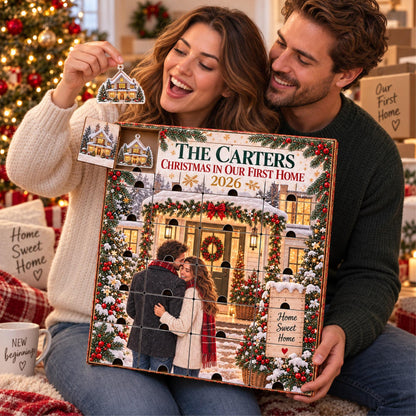 Personalized New Home Advent Calendar with 24 Custom Photo Acrylic Ornaments, First Christmas in Our Home Gift, Housewarming Gift for Couple
