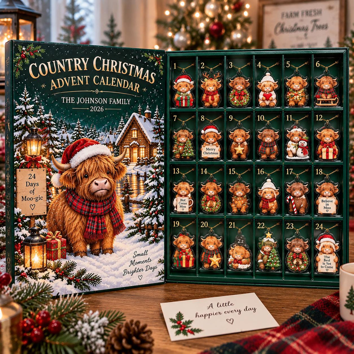 Personalized Highland Cow Advent Calendar, Christmas Countdown Box, 24 Mini Cow Charm Set, Custom Family Holiday Keepsake, Christmas 2026