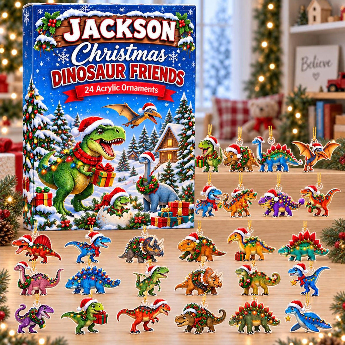 Personalized Dinosaur Advent Calendar 2026, Custom Name Christmas Countdown, Dinosaur Christmas Gift for Kids, Boys, Grandsons & Dino Lovers