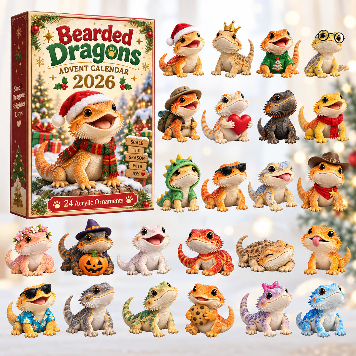 Bearded Dragons Advent Calendar 2026 - 24-Day Festive Countdown, Acrylic Charms Blind Box - Gift For Bearded Dragon Lovers