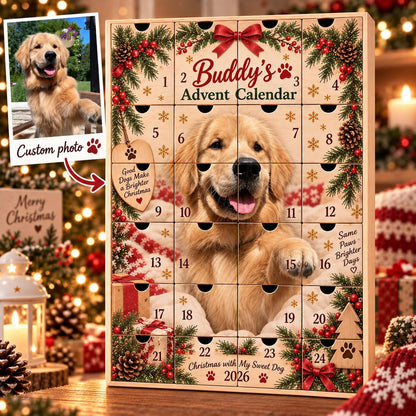 Personalized Pet Photo Wooden Advent Calendar, Custom Dog Christmas Countdown, 24 Door Puppy Keepsake, Dog Lover Gift, Pet Christmas Decor