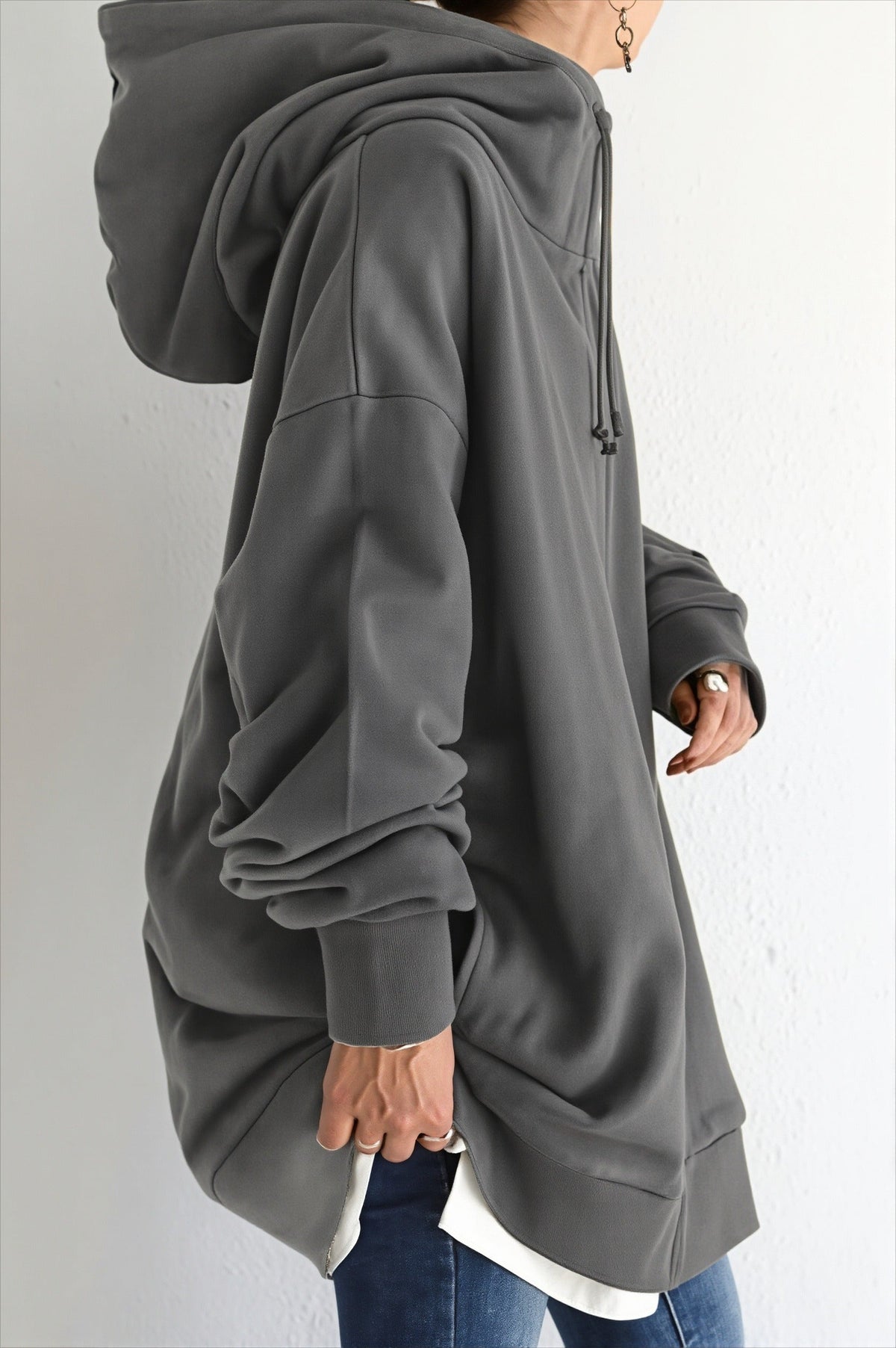 Solid Relaxed Longline Zip Hoodie