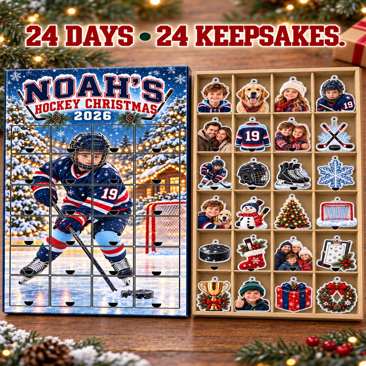 Personalized Hockey Advent Calendar with 24 Custom Photo Acrylic Ornaments, Player Number Christmas Gift for Hockey Family and Coach