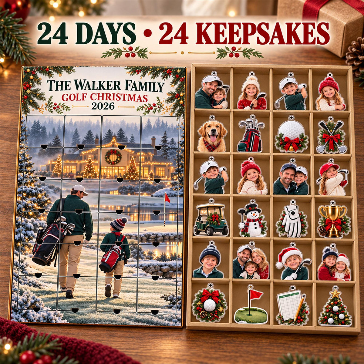 Personalized Golf Advent Calendar with 24 Custom Photo Acrylic Ornaments, Golfer Christmas Countdown Gift for Golf Dad and Family Keepsake