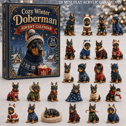 Cozy Winter Doberman Advent Calendar 2026 - 24-Day Festive Countdown, Acrylic Charms Blind Box - Gift For Doberman Lovers
