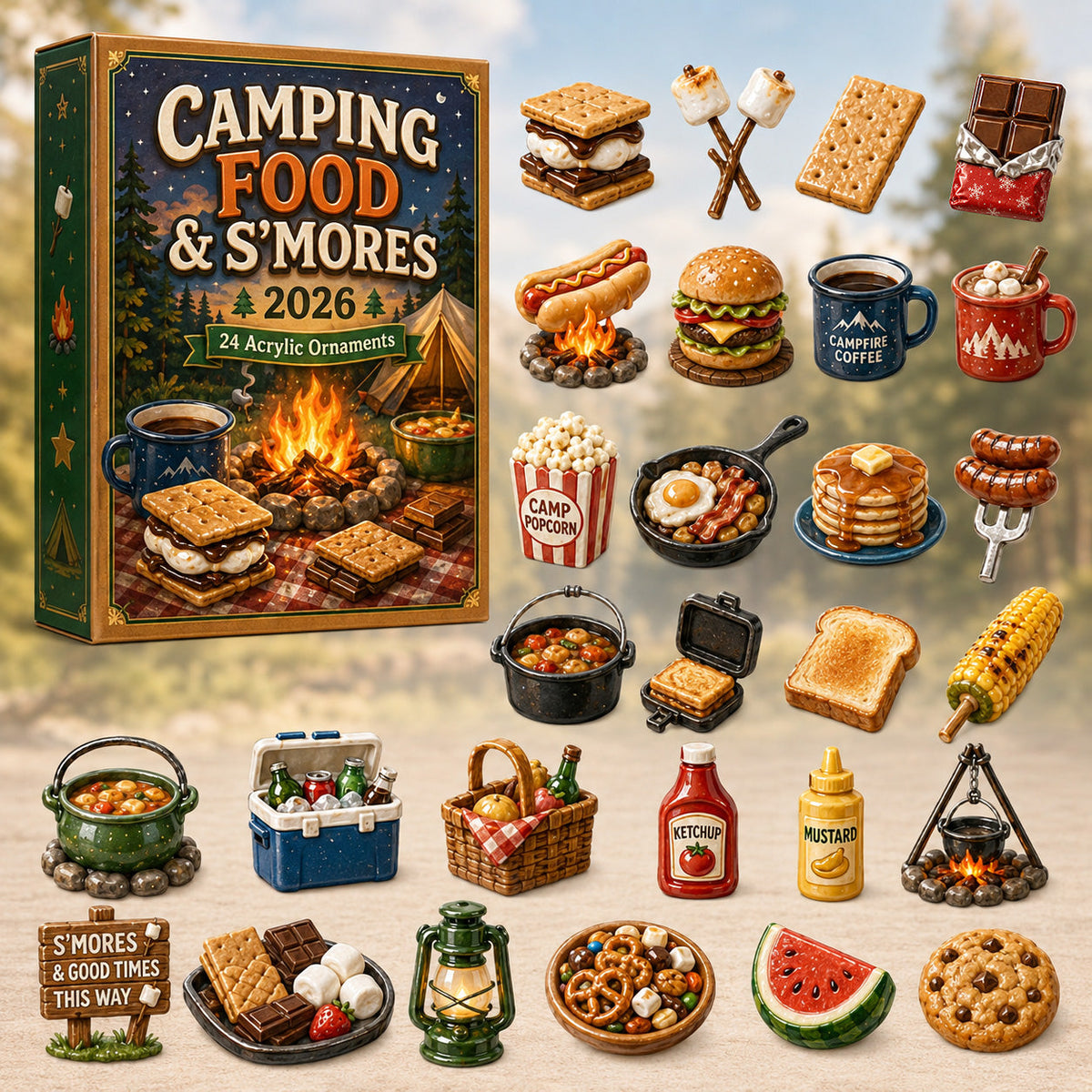 Camping Food & Smores Advent Calendar 2026 - 24-Day Festive Countdown, Acrylic Charms Blind Box - Gift For Campers, Family & Friends
