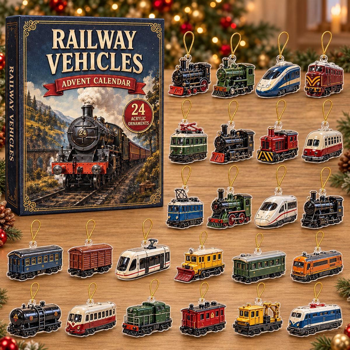 Railway Vehicles Train Advent Calendar 2026 - 24-Day Festive Countdown, Acrylic Charms Blind Box - Gift For Vehicle Lovers
