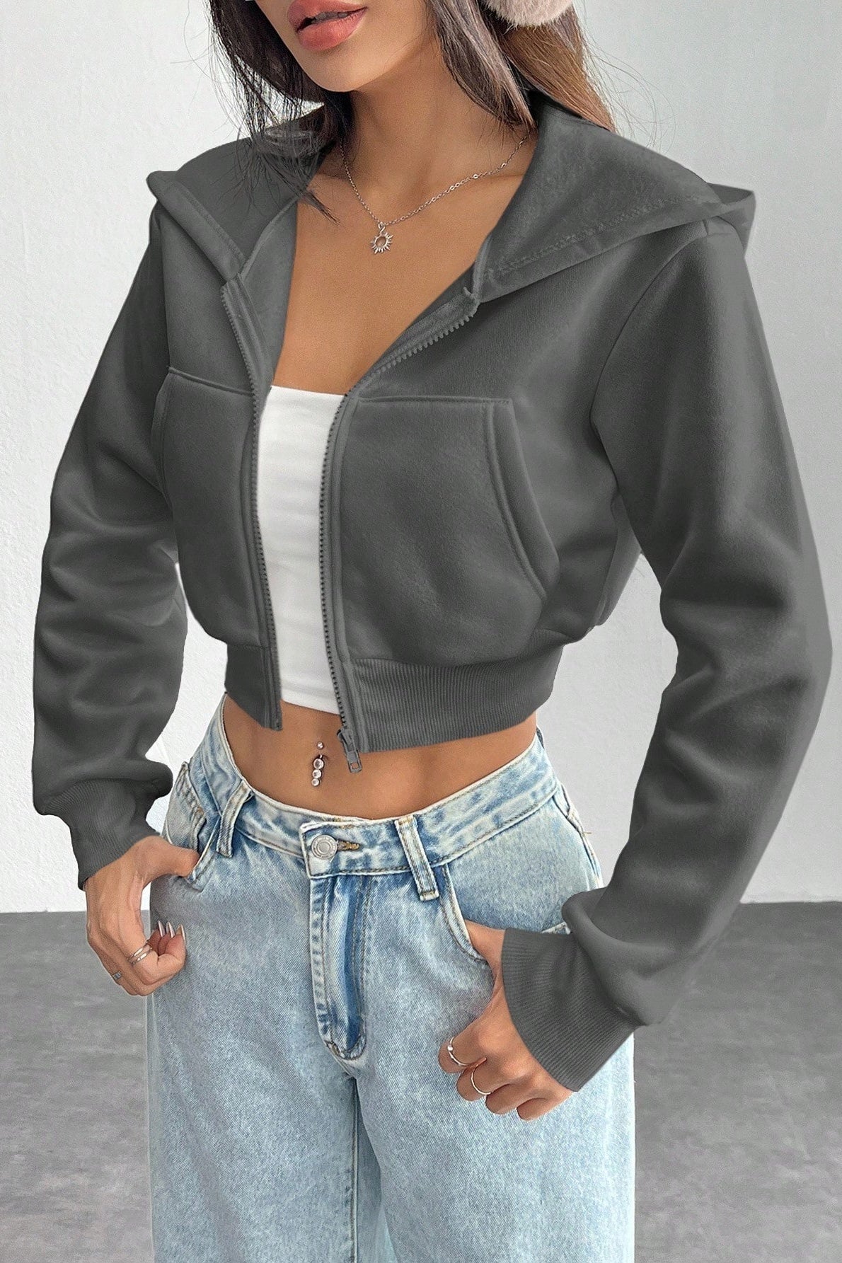 Sexy Cropped Zip Hooded Long Sleeve Hoodie