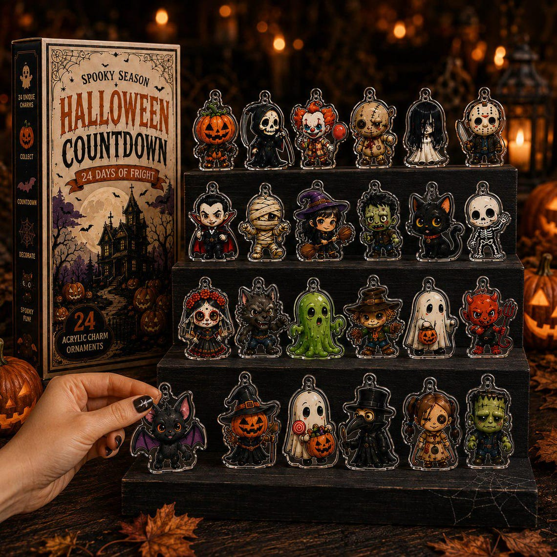 2026 Spooky Season Halloween Advent Calendar, 24 Acrylic Charm Ornaments, Horror Characters Countdown Box Collectible Gift