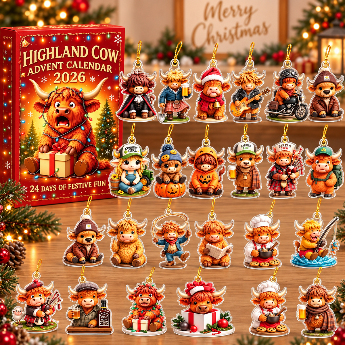Highland Cow Advent Calendar 2026 24 Days Christmas Countdown 3D Collectible Figurines Farmhouse Holiday Decor Gift for Cow Lovers