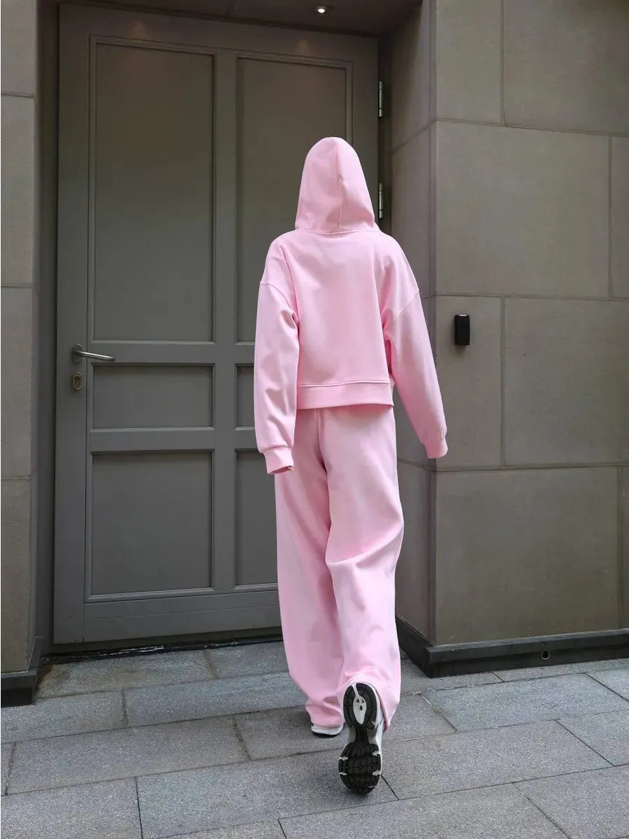 Two-Piece Solid Color Zipper Hoodie and Trousers Set