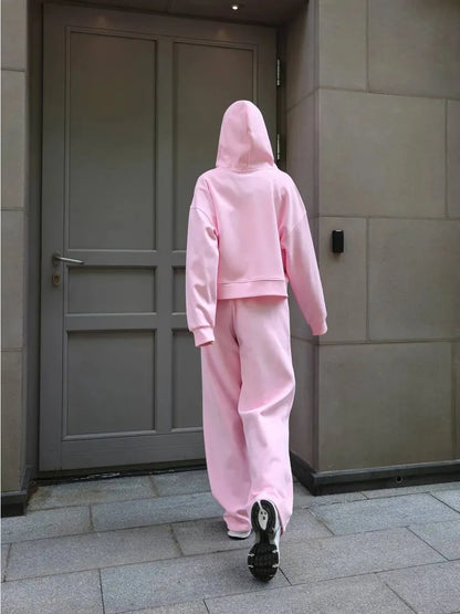 Two-Piece Solid Color Zipper Hoodie and Trousers Set