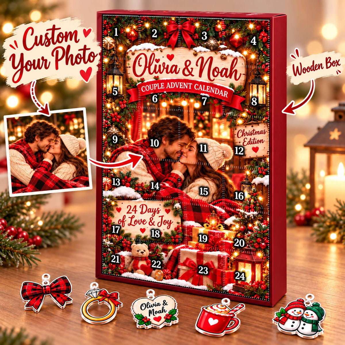 Personalized Couple Christmas Advent Calendar 2026, Custom Couple Name Blind Box,24 Day Countdown Holiday Love Xmas Ornament Set for Couples