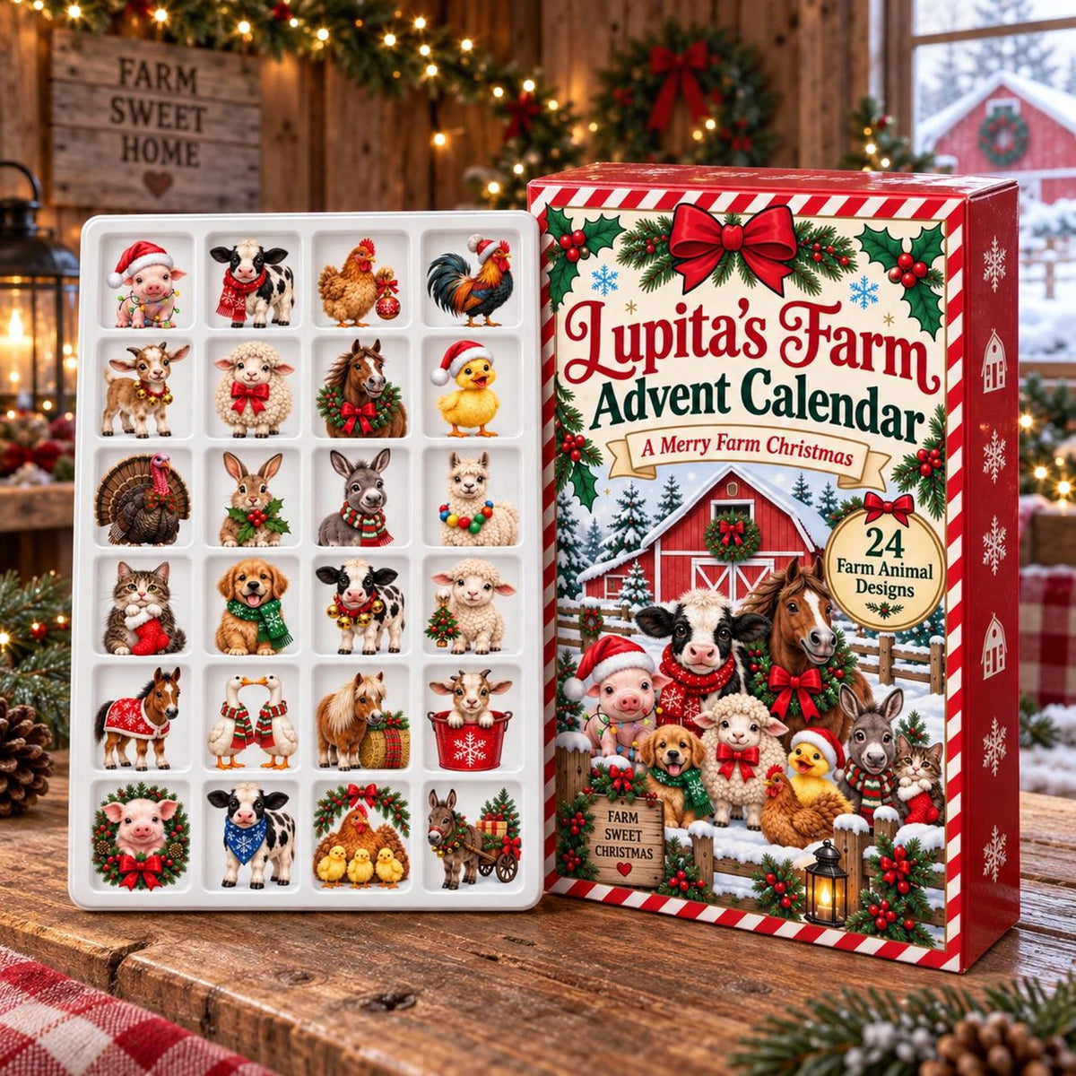 Farm Animal Advent Calendar: Personalized Christmas Countdown Box, Red Paper and Acrylic