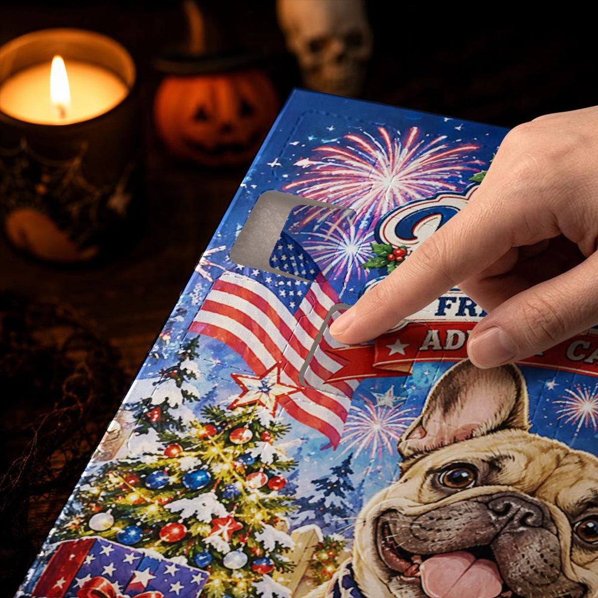 Custom French Bulldog Advent Calendar 24 Charms, Personalized Frenchie Dog Xmas Countdown Box, Patriotic Pet Lover Present