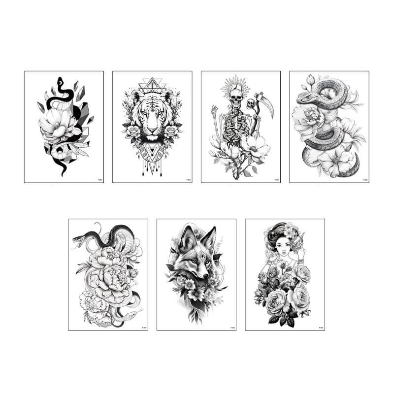 7 Pcs Animal Skull Geisha Temporary Tattoo Stickers