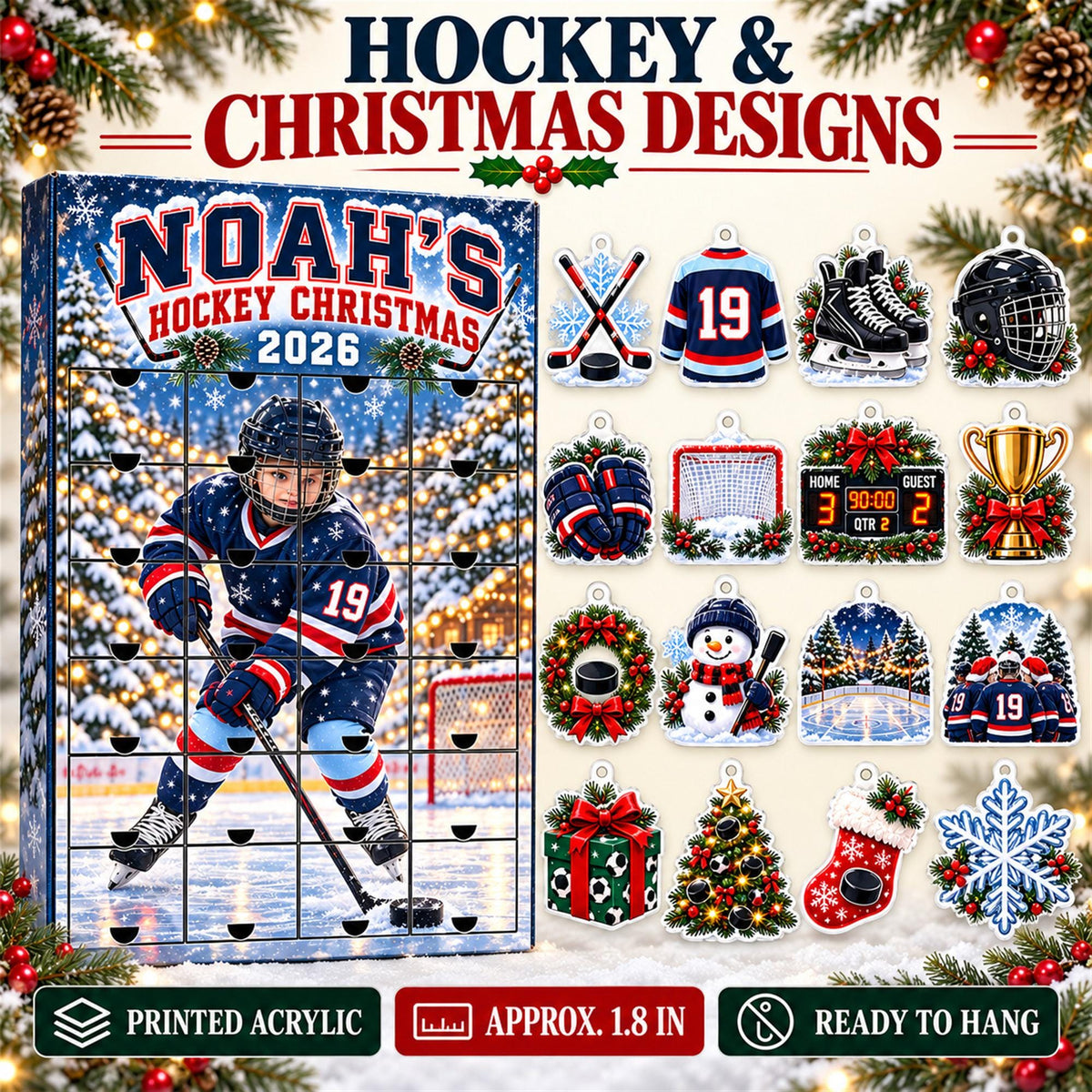 Personalized Hockey Advent Calendar with 24 Custom Photo Acrylic Ornaments, Player Number Christmas Gift for Hockey Family and Coach