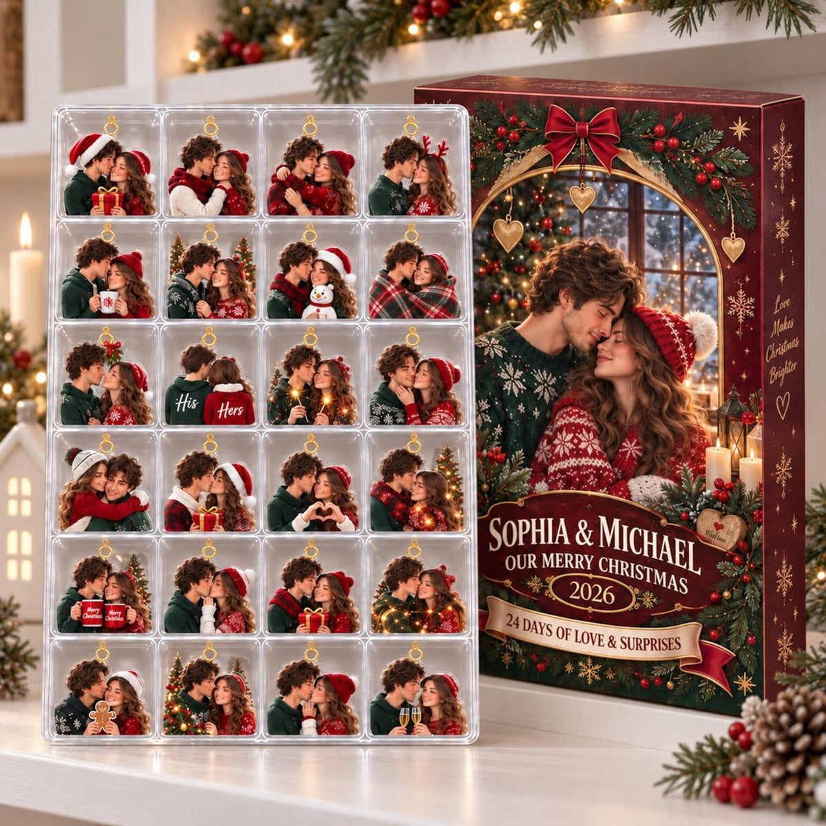 Personalized Couple Advent Calendar 2026, 24 Acrylic Christmas Ornaments, Custom Photo Countdown Box, Romantic Gifts for Couples, Xmas Decor