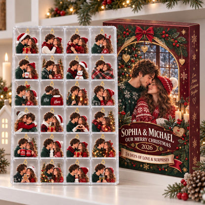 Personalized Couple Advent Calendar 2026, 24 Acrylic Christmas Ornaments, Custom Photo Countdown Box, Romantic Gifts for Couples, Xmas Decor