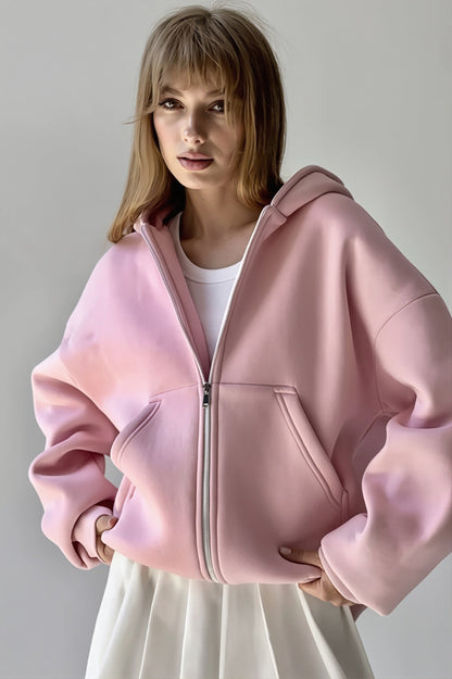 Solid Oversized Zip Up Hoodie