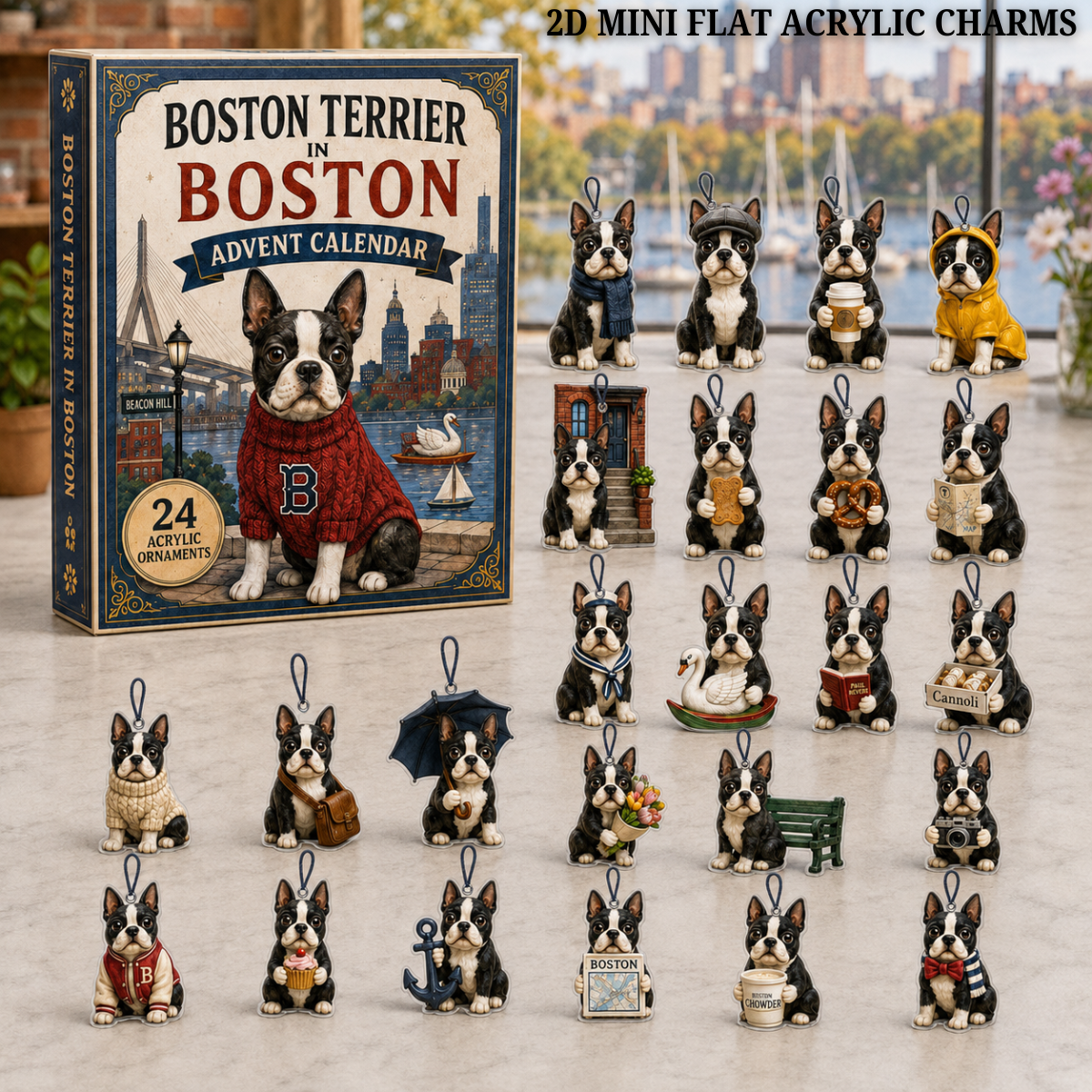 Boston Terrier In Boston Advent Calendar 2026 - 24-Day Festive Countdown, Acrylic Charms Blind Box - Gift For Dog Lovers
