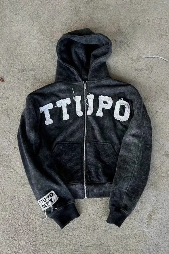 Letter Patch Zip Hoodie