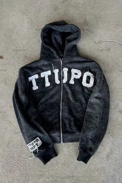 Letter Patch Zip Hoodie