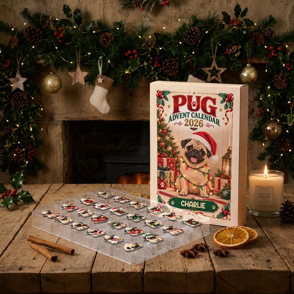 Personalized Pug Advent Calendar 2026, 24 Acrylic Charms, Custom Dog Name, Pug Lover Keepsake Collection