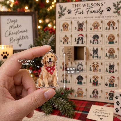 Personalized Fur Family Advent Calendar with 24 Custom Photo Acrylic Ornaments, Couple and Dog Christmas Gift, Pet Parent Keepsake for Two