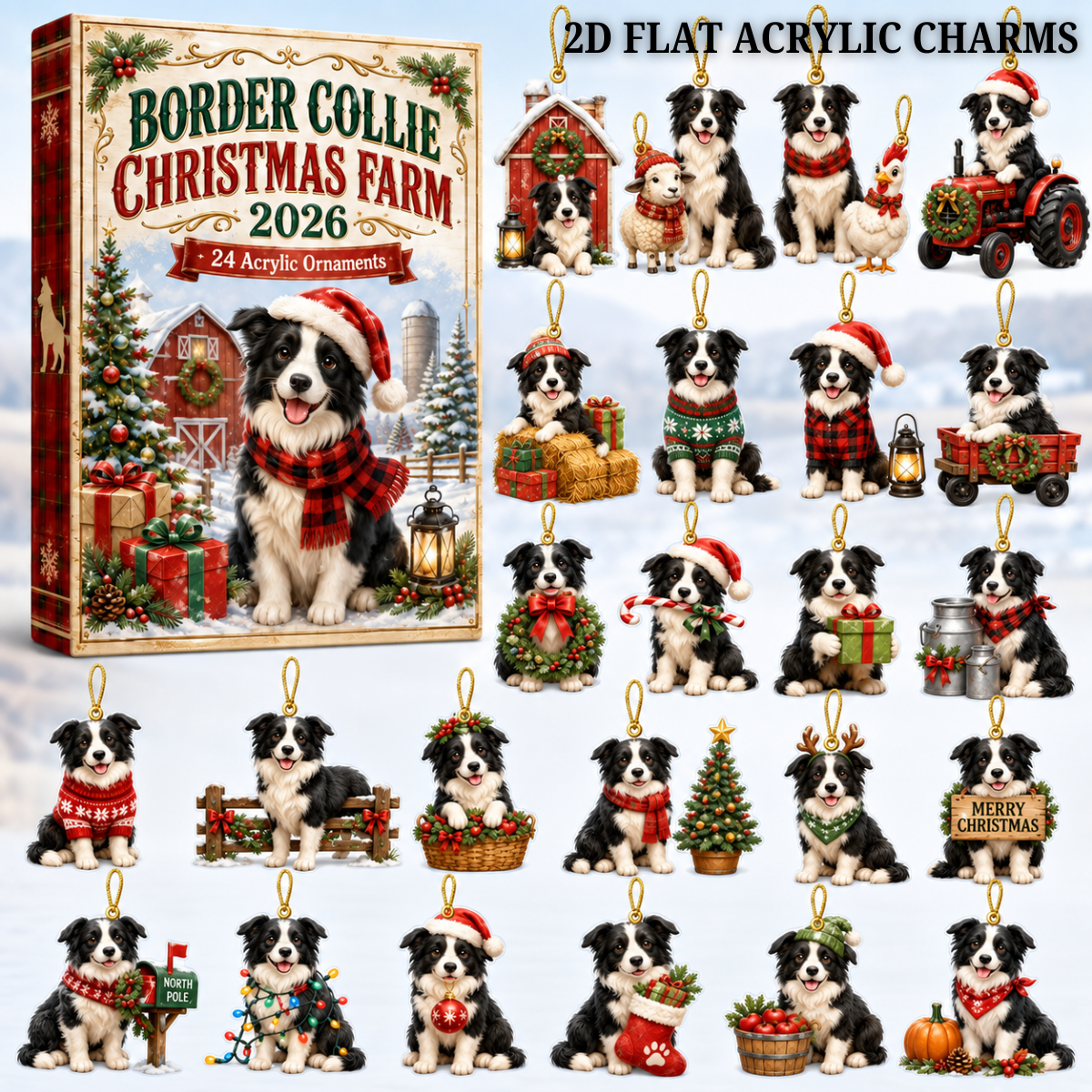 Border Collie Christmas Farm Advent Calendar 2026 - 24-Day Festive Countdown, Acrylic Charms Blind Box - Gift For Border Collie Lovers