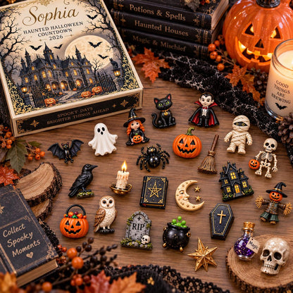 Personalized Halloween Advent Calendar, Haunted House Countdown, 24 Spooky Charms, Halloween Gift for Kids, Family GIFT 2026, Custom Name