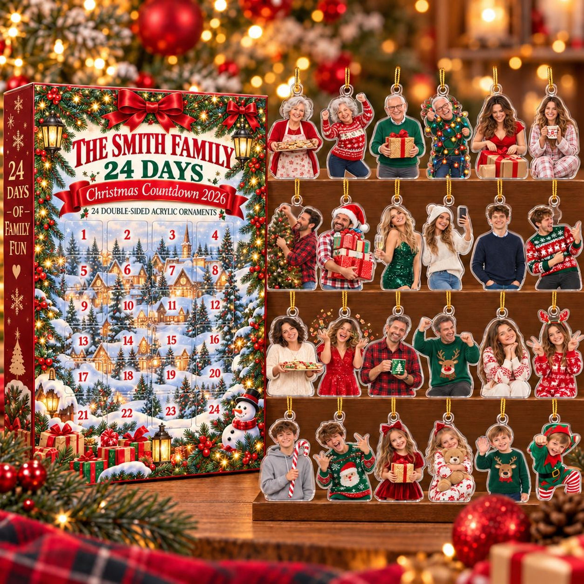 Custom Family Photo Advent Calendar Box, 24 Piece Christmas Countdown Ornament Box, Personalized Family Gift