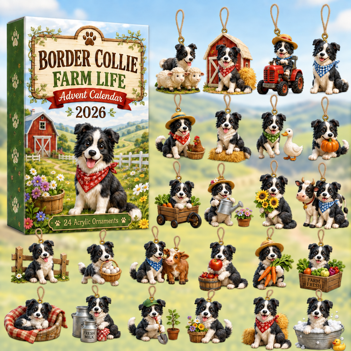 Border Collie Farm Life Advent Calendar 2026 - 24-Day Festive Countdown, Acrylic Charms Blind Box - Gift For Border Collie Lovers