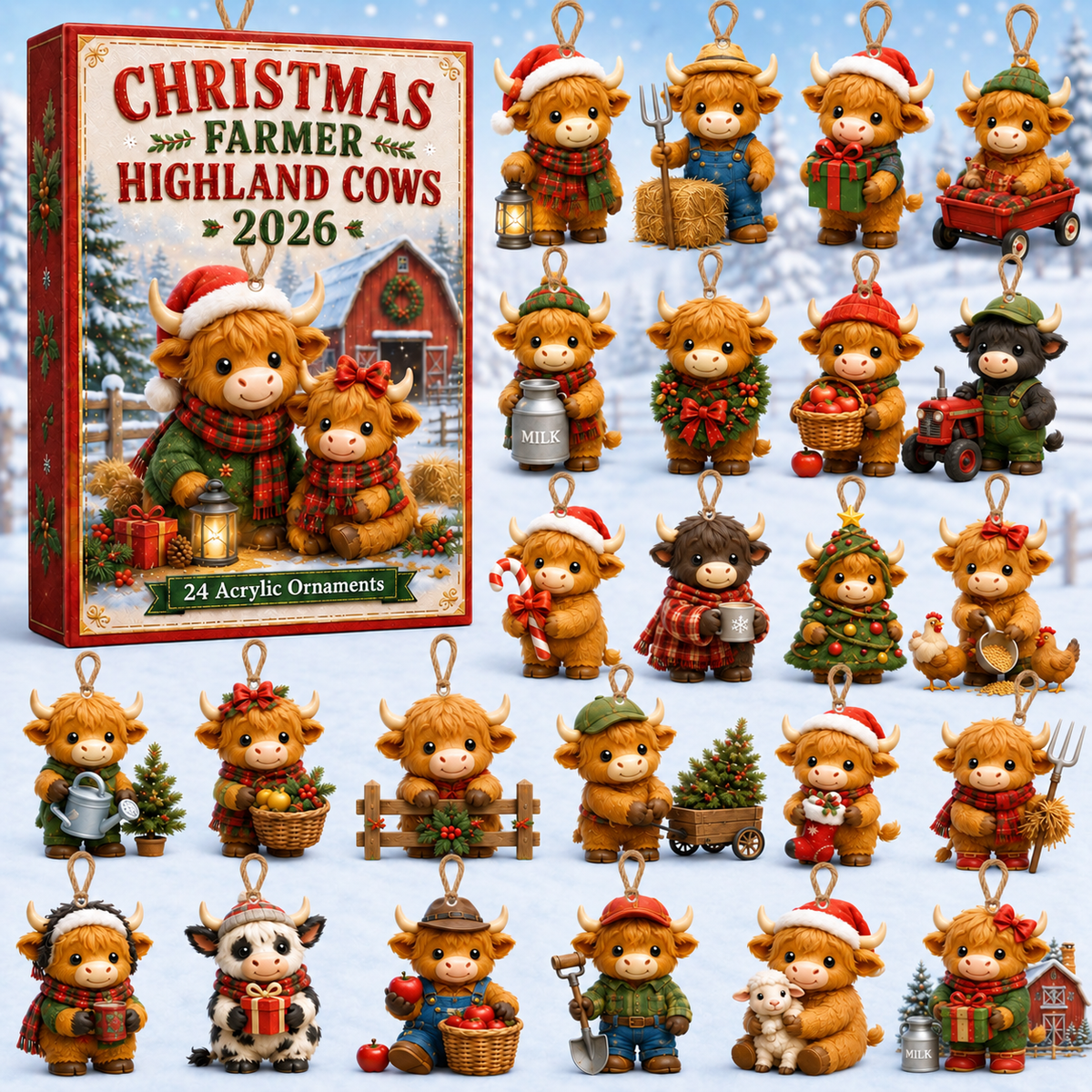 Christmas Highland Cow Farmer Advent Calendar 2026 - 24-Day Festive Countdown, Acrylic Charms Blind Box - Gift For Highland Cow Lovers