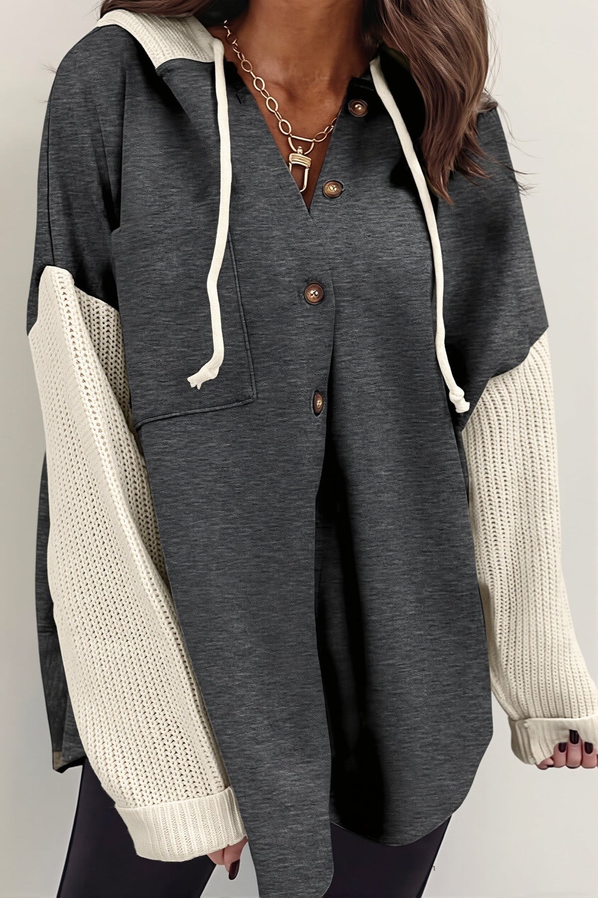 Ribbed Sleeve Patchwork Button Hoodie